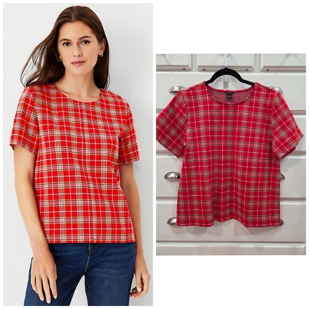 NWT Ann Taylor Red Plaid Short-Sleeve Tee
